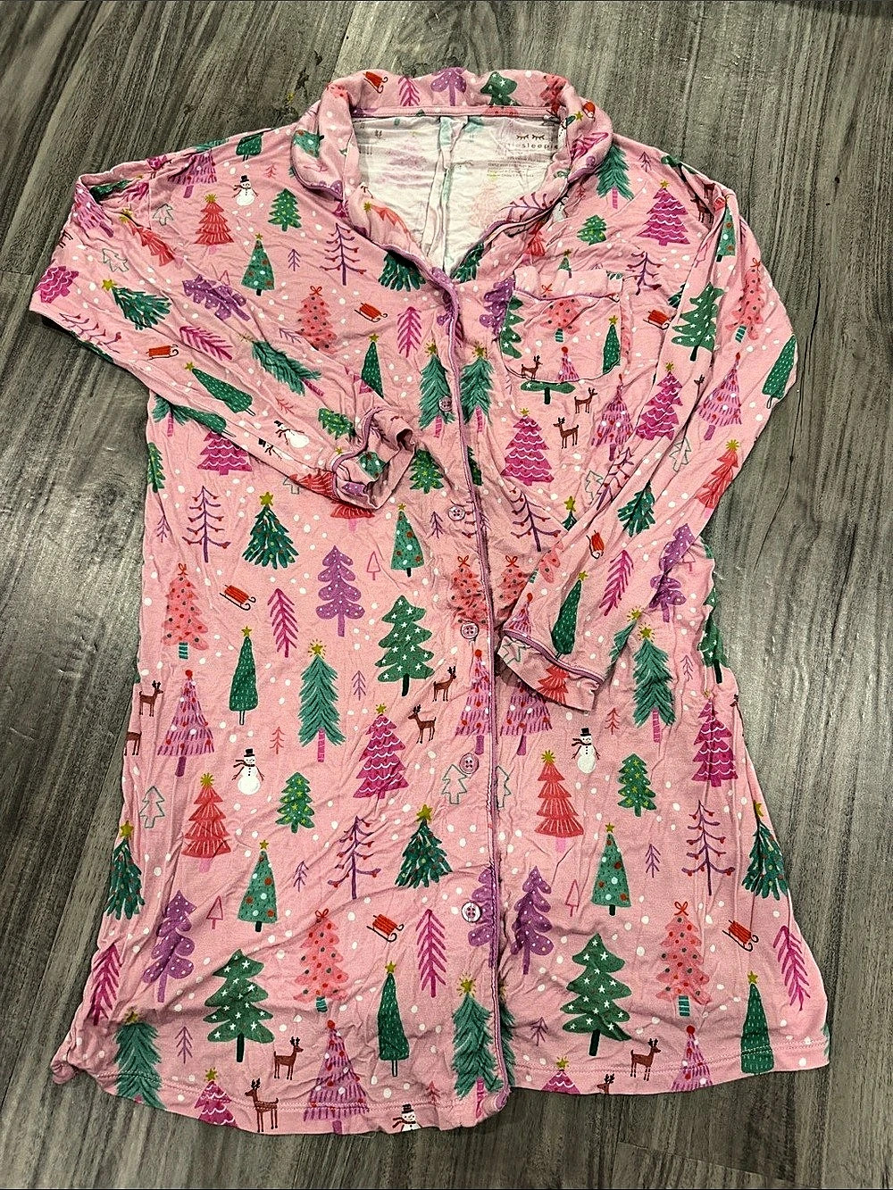 Little Sleepies Pink Christmas Tree Print Button Down nightgown  Size XS
